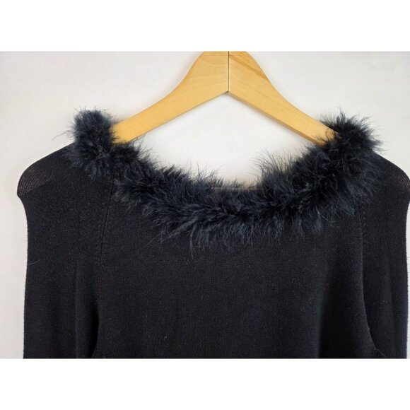 BCBGMAXAZRIA Womens Sweater Size Small Black Faux Fur Collar Long Sleeve Top - Picture 2 of 14